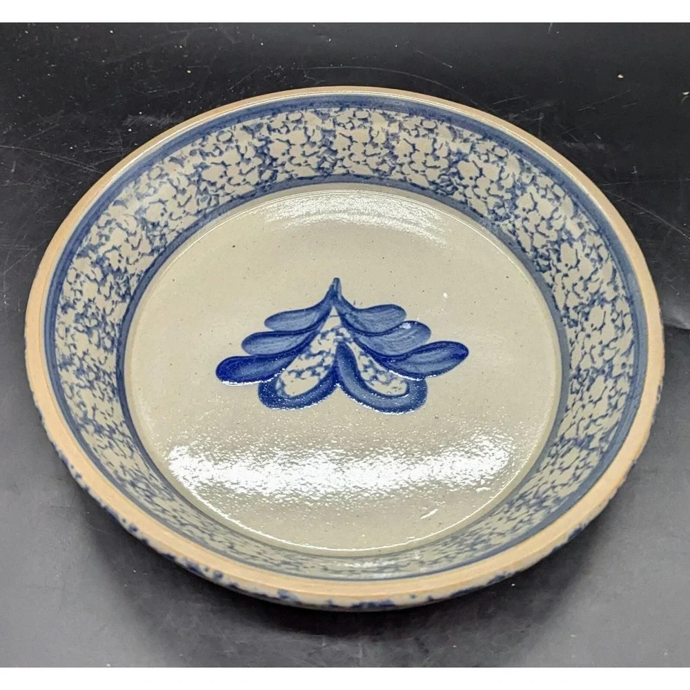 Salt Glazed Pottery Heart Plate Spongeware‎ Cobalt Blue 9.75